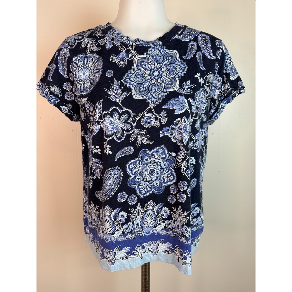 LOFT Top Medium Blue Boho Paisley Floral Short Sleeve Crew Neck T-Shirt Women's